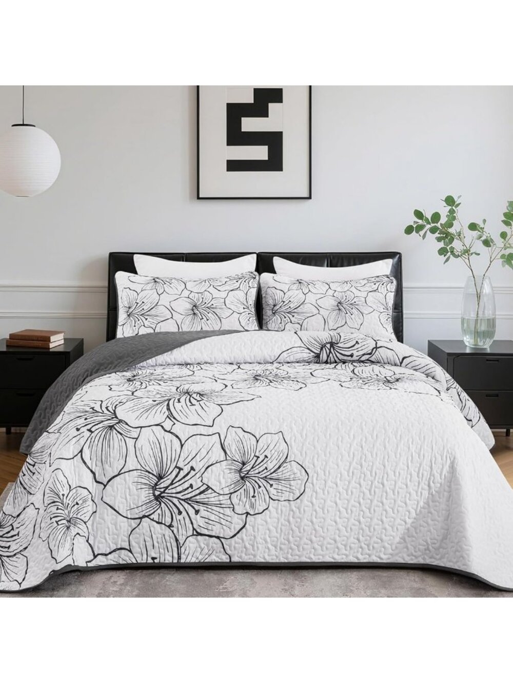 Boho Floral King Size Quilt Set - 3 Piece White Bedspread & Coverlet Bedding